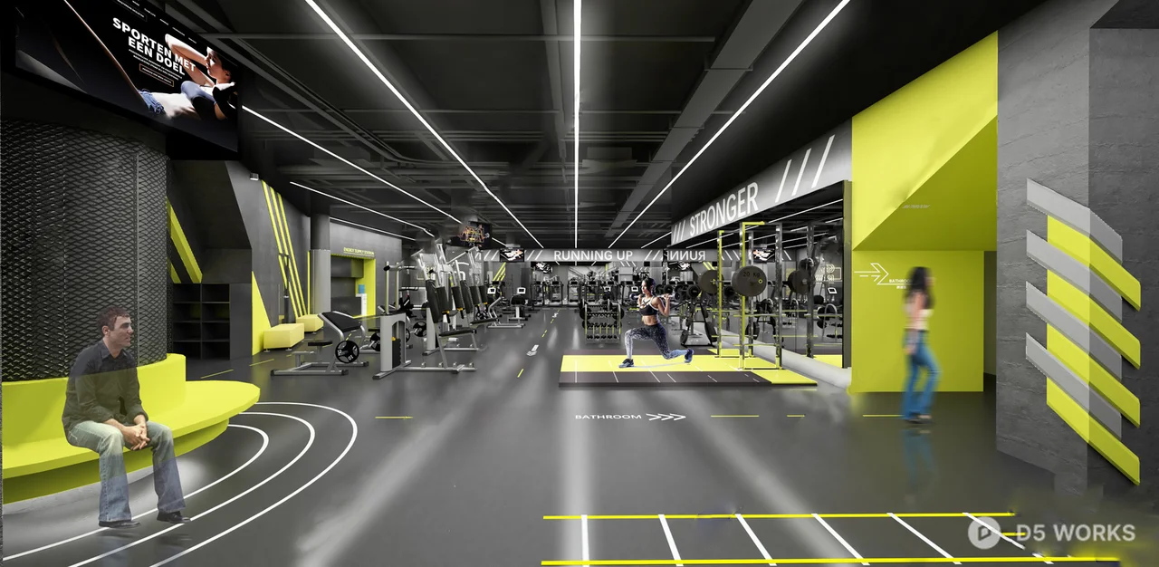Modern Fitness Gym With Yellow Accent Walls 3d model - Image 1