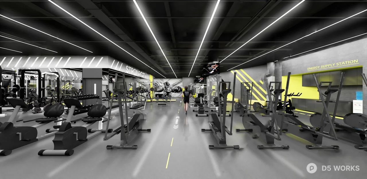 Modern Fitness Gym With Yellow Accent Walls 3d model thumbnail 2