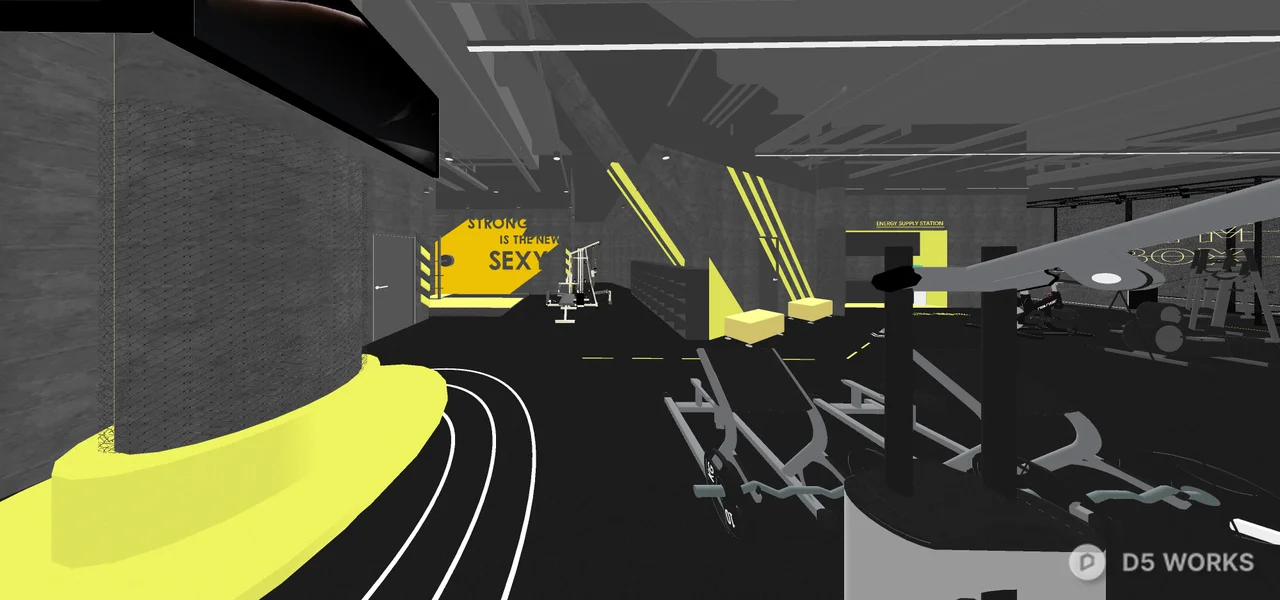 Modern Fitness Gym With Yellow Accent Walls 3d model thumbnail 3