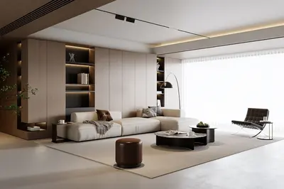 Minimalist Living Room With Integrated Storage And Modern Furniture 3d model
