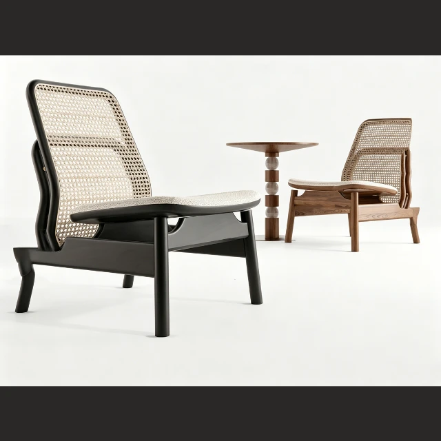 Mid-Century Modern Rattan High-Back Chair Set 3d model