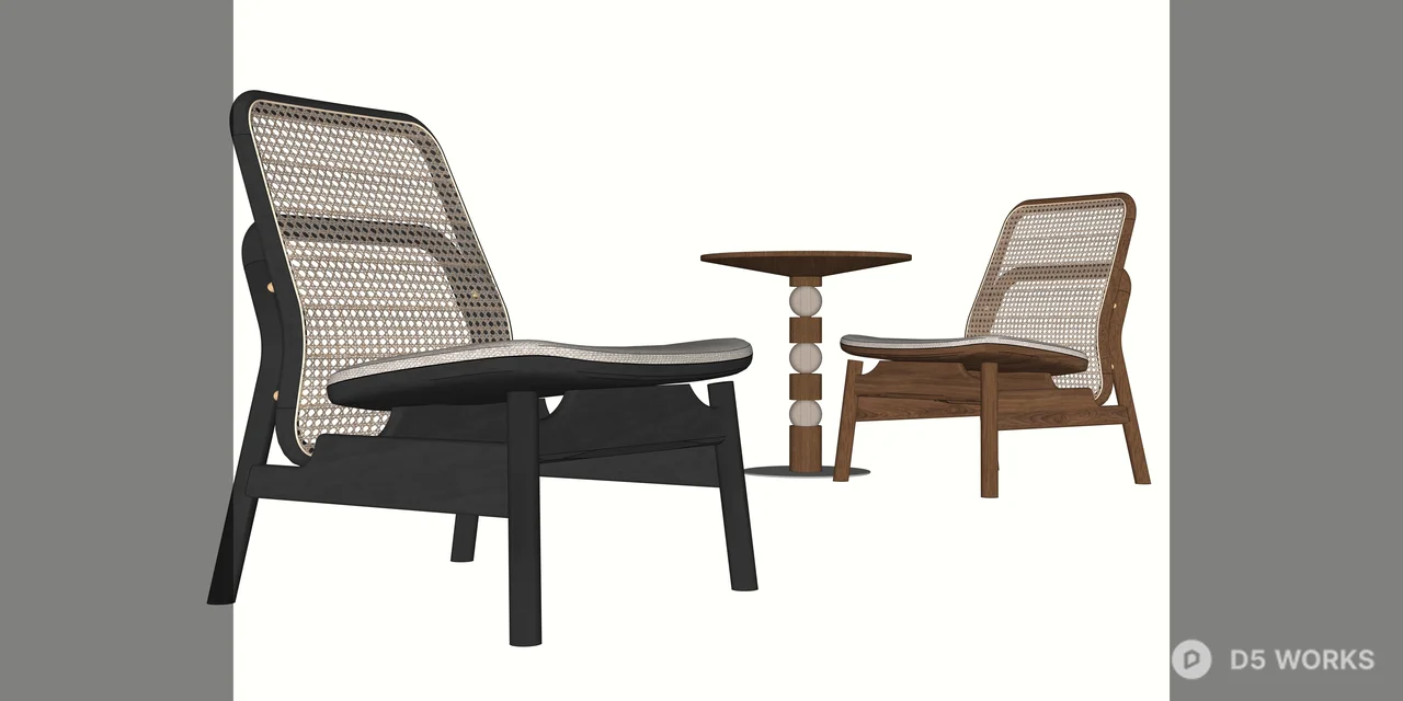 Mid-Century Modern Rattan High-Back Chair Set 3d model thumbnail 2