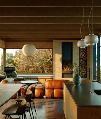 Mid Century Modern Living And Dining Room With Warm Lighting 3d model