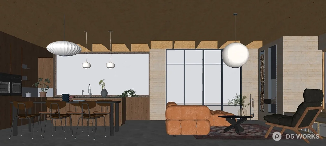 Mid Century Modern Living And Dining Room With Warm Lighting 3d model thumbnail 3