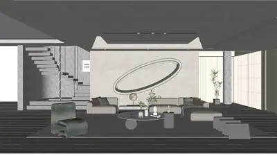 Minimalist Living Room with Oval Wall Art 3d model