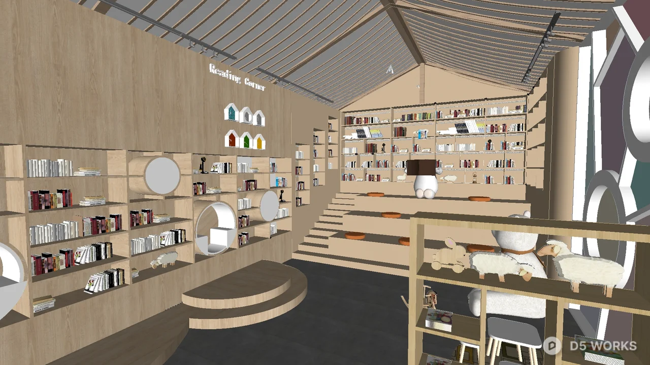 Minimalist Bookstore Interior with Tiered Seating 3d model thumbnail 4