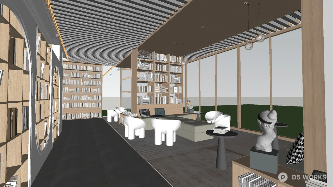 Minimalist Bookstore Interior with Tiered Seating 3d model thumbnail 3
