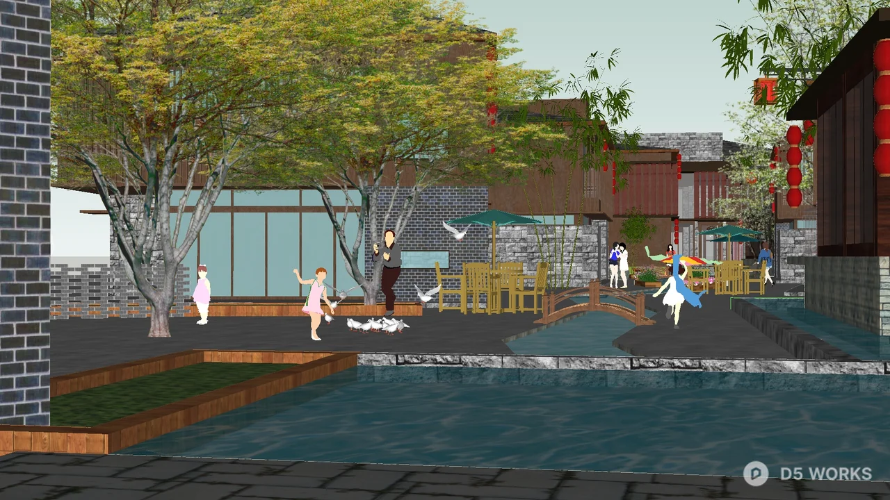 Commercial Pedestrian Street With Outdoor Seating And Lantern Decor 3d model thumbnail 2