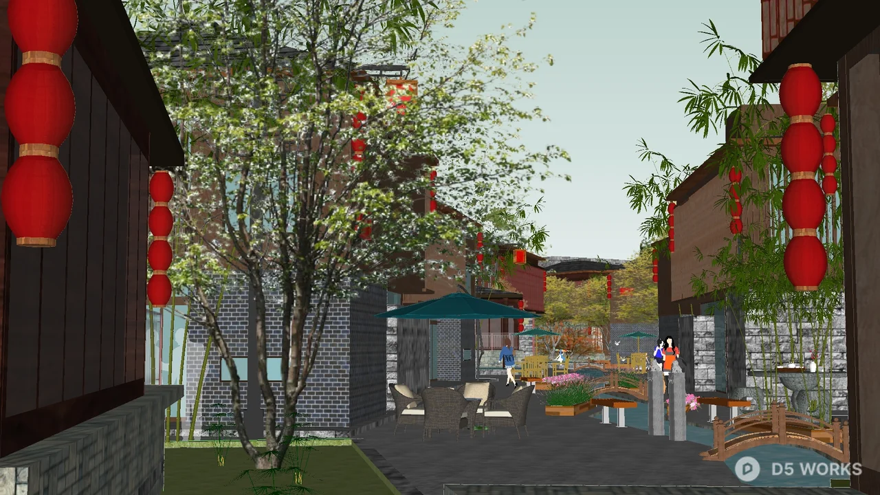 Commercial Pedestrian Street With Outdoor Seating And Lantern Decor 3d model thumbnail 4