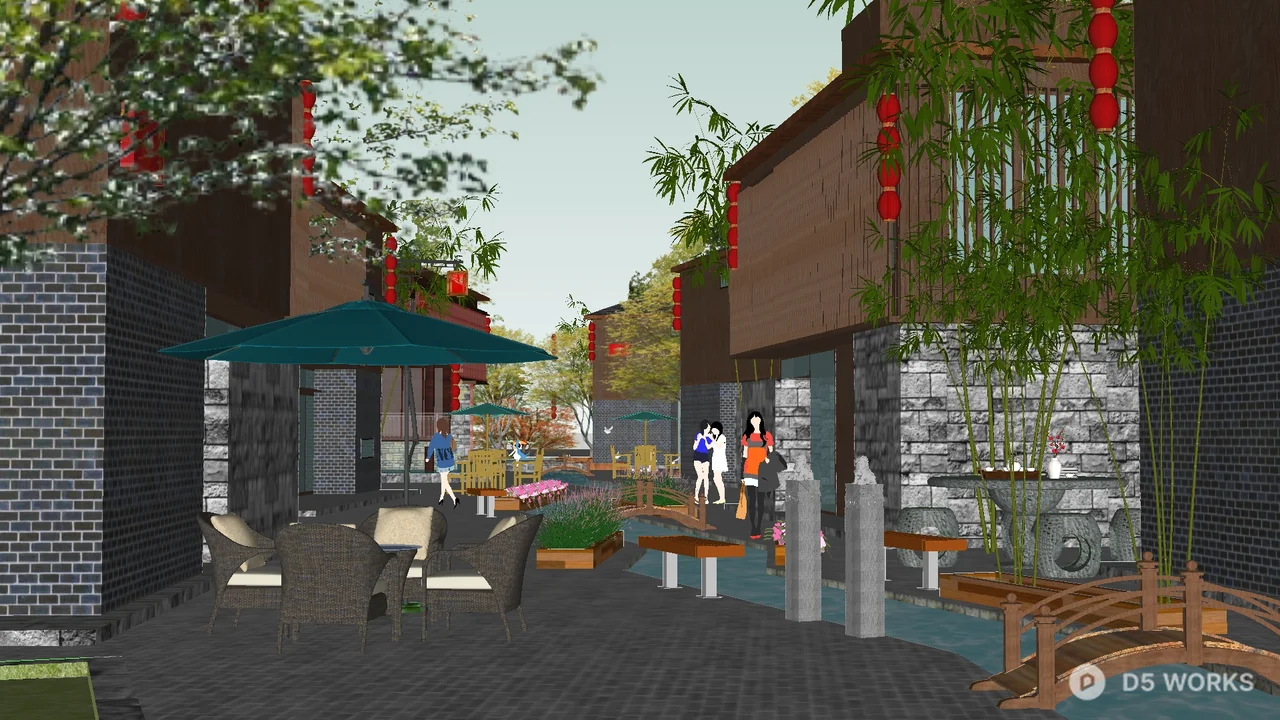 Commercial Pedestrian Street With Outdoor Seating And Lantern Decor 3d model thumbnail 3