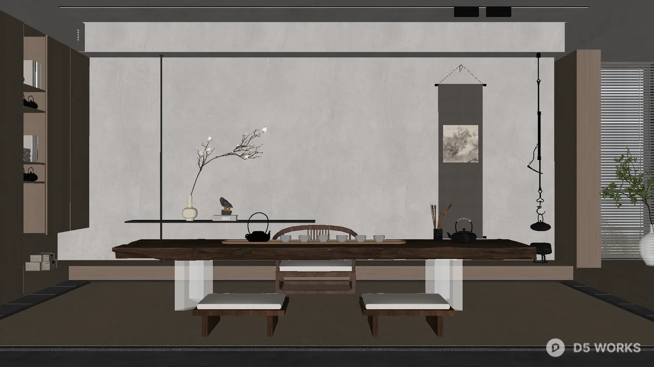 Minimalist Tea Room with Calligraphy Scroll 3d model - Image 1