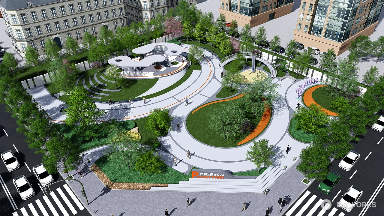 Urban Park With Curved Pathways And Green Spaces 3d model thumbnail 2