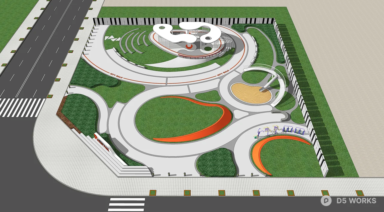 Urban Park With Curved Pathways And Green Spaces 3d model thumbnail 4