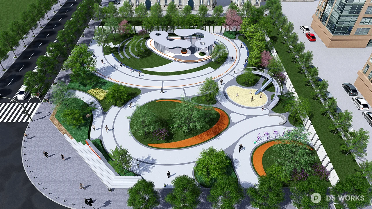 Urban Park With Curved Pathways And Green Spaces 3d model - Image 1
