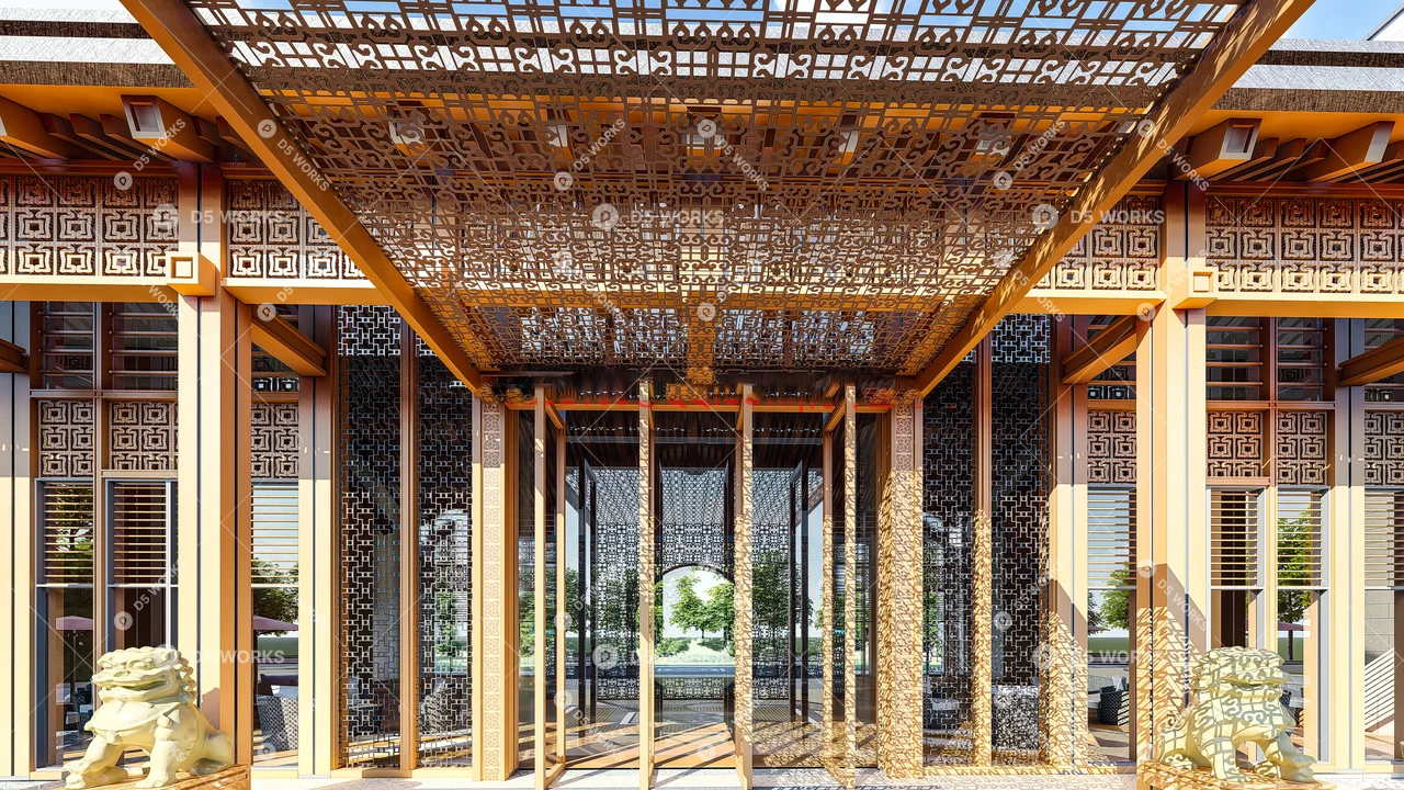 Neo-Chinese hotel architecture 3d model thumbnail 8