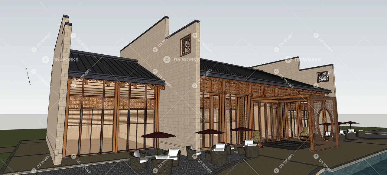 Neo-Chinese hotel architecture 3d model thumbnail 2