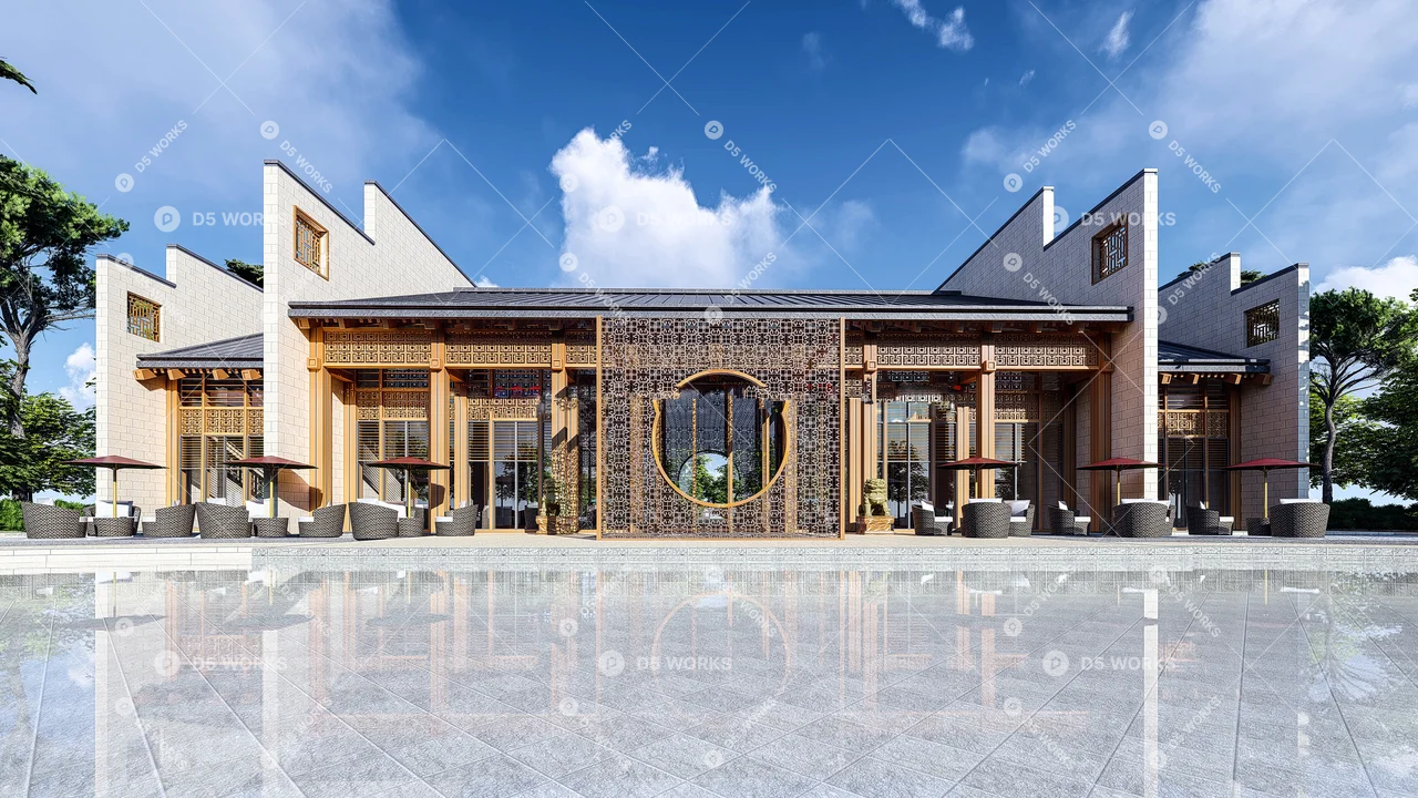 Neo-Chinese hotel architecture 3d model thumbnail 7