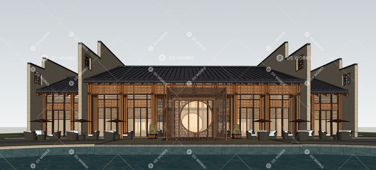 Neo-Chinese hotel architecture 3d model thumbnail 10