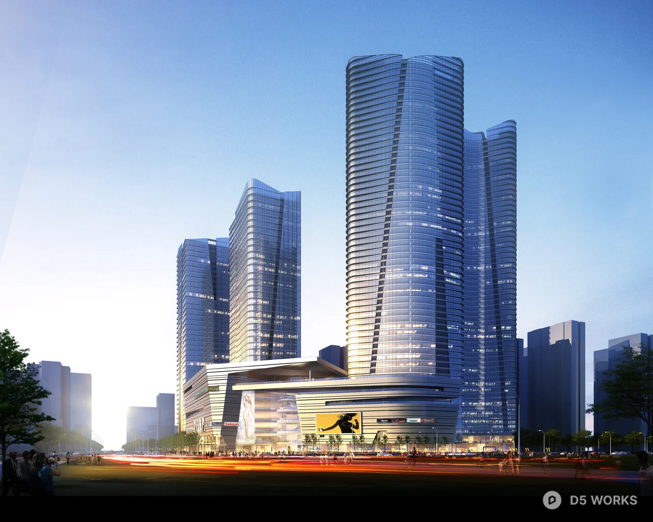 Modern Commercial Complex With Glass Towers 3d model thumbnail 2