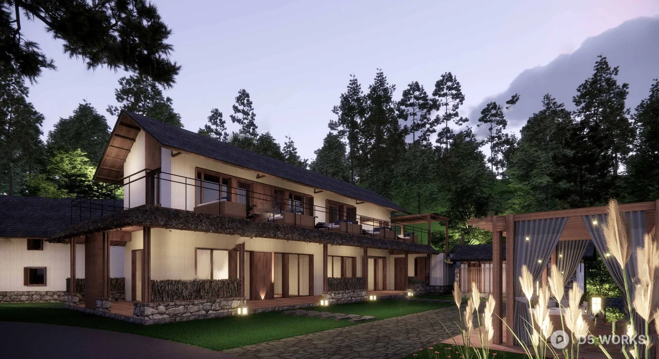Modern Guesthouse Building With Thatched Roof And Courtyard 3d model thumbnail 2