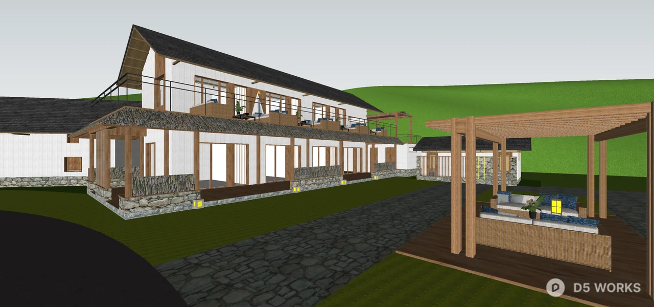 Modern Guesthouse Building With Thatched Roof And Courtyard 3d model thumbnail 3