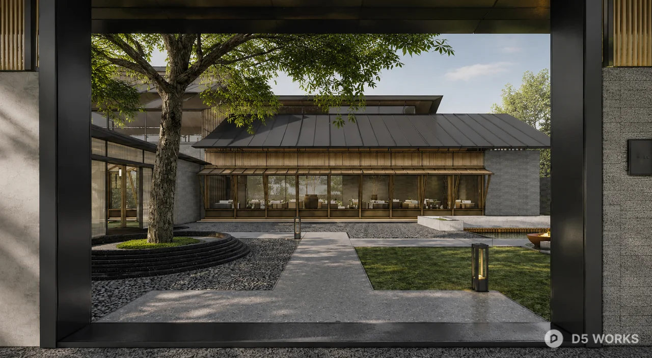 Modern Zen Garden Courtyard Scene 3d model thumbnail 3