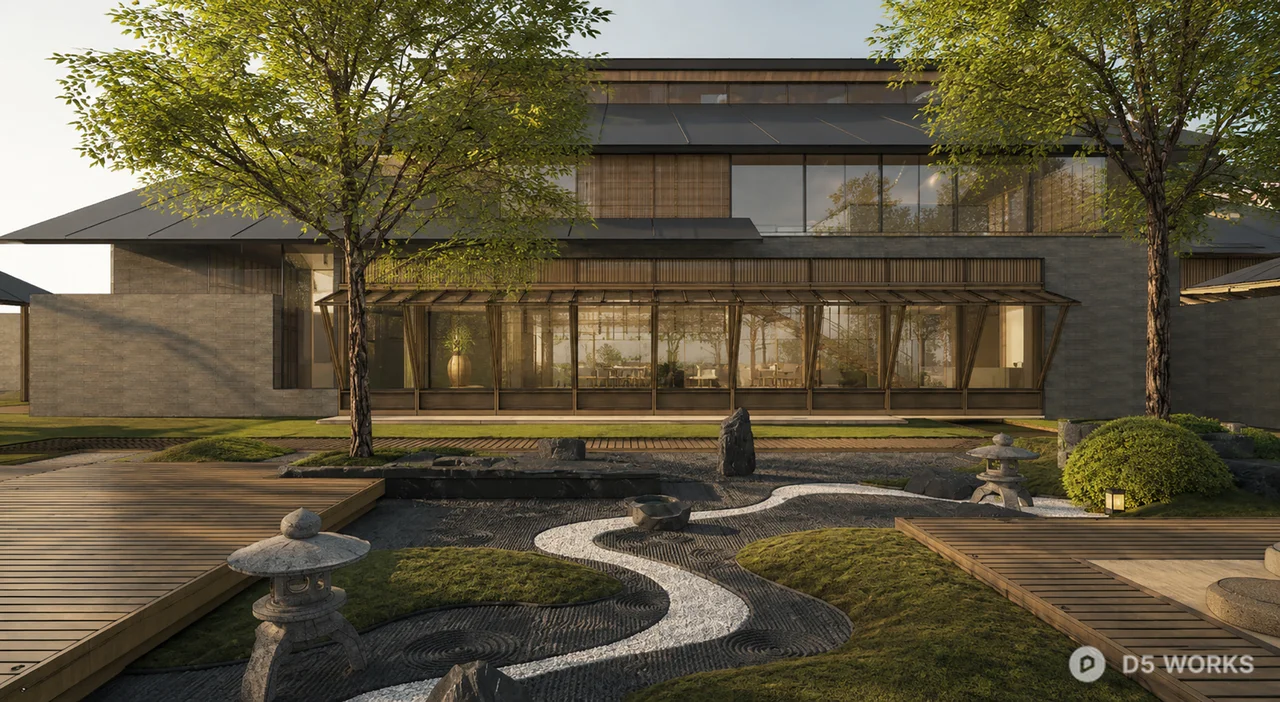 Modern Zen Garden Courtyard Scene 3d model thumbnail 7