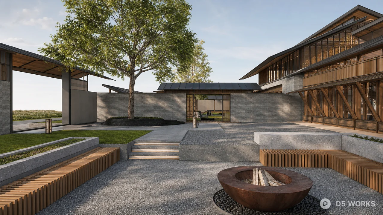 Modern Zen Garden Courtyard Scene 3d model thumbnail 5