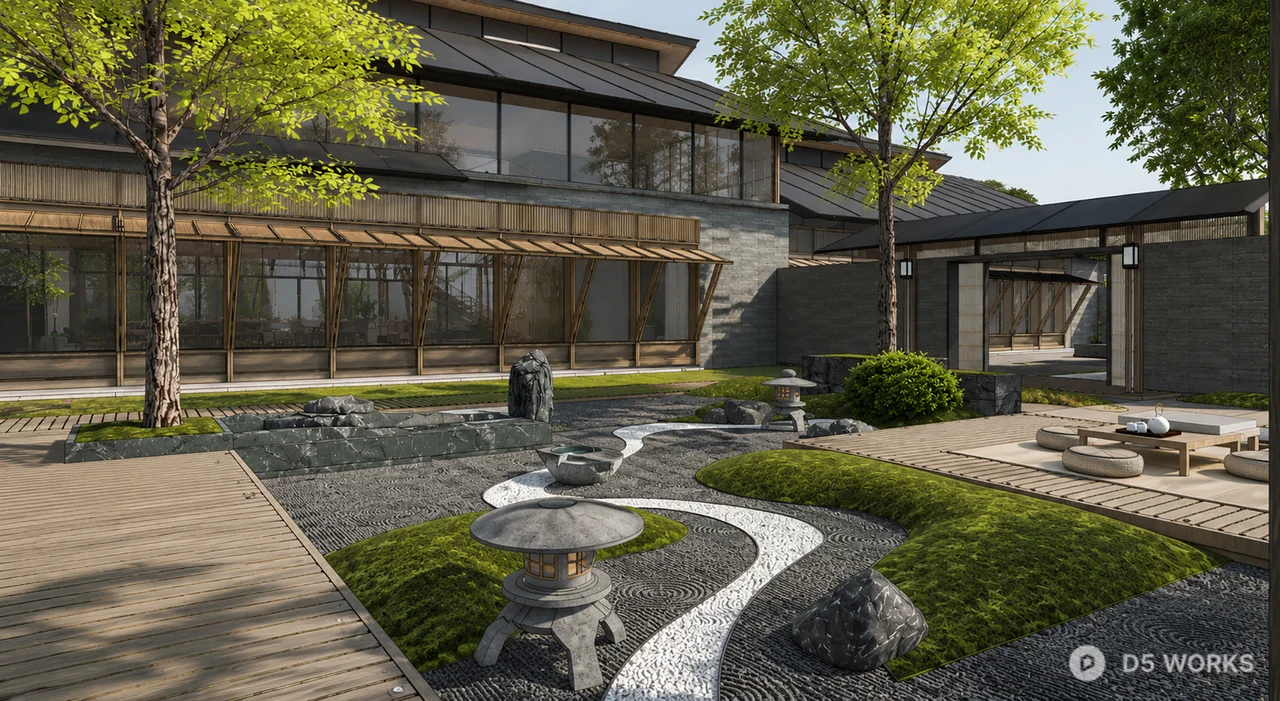Modern Zen Garden Courtyard Scene 3d model thumbnail 8