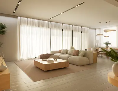 Minimalist Living Room with Large Windows and Neutral Tones 3d model