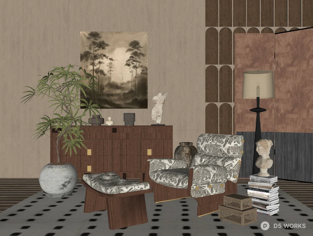 Eclectic Artistic Sofa With Patterned Armchair 3d model thumbnail 2