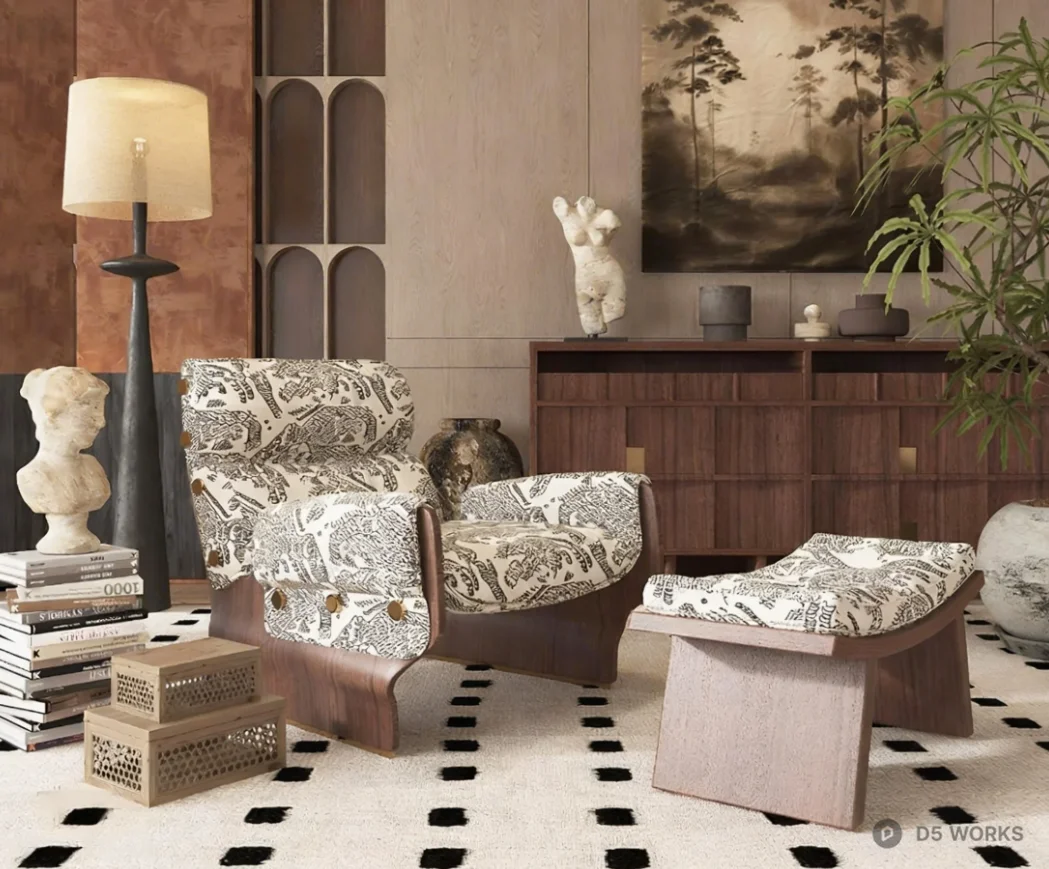 Eclectic Artistic Sofa With Patterned Armchair 3d model - Image 1