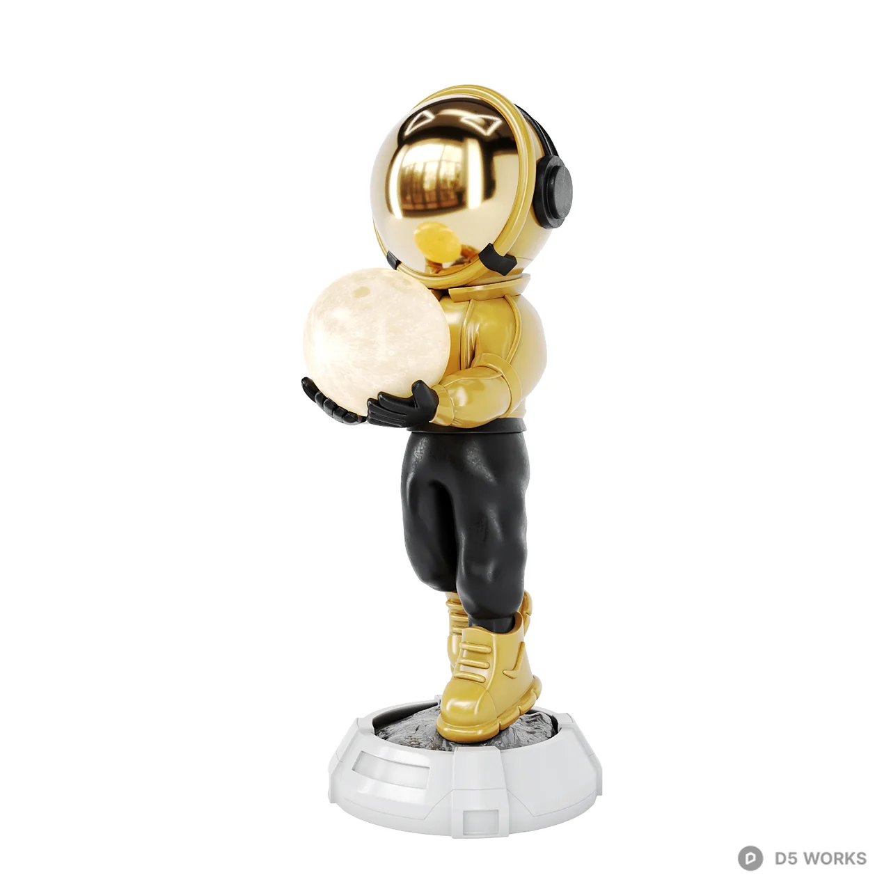 Stylized Golden Astronaut Figurine with Moon Orb 3d model thumbnail 3