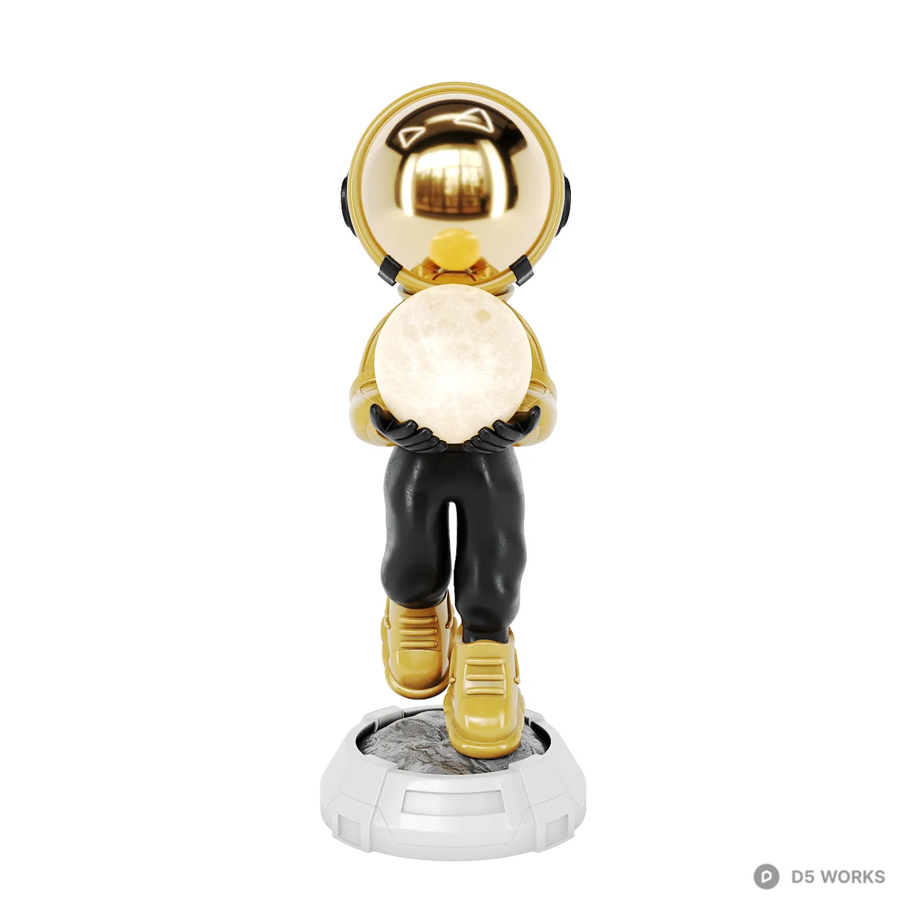 Stylized Golden Astronaut Figurine with Moon Orb 3d model thumbnail 2