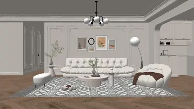 Modern Living Room with Tufted Sofa and Geometric Rug 3d model