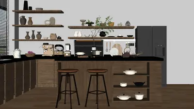 Modern Open Kitchen With Island And Bar Stools 3d model