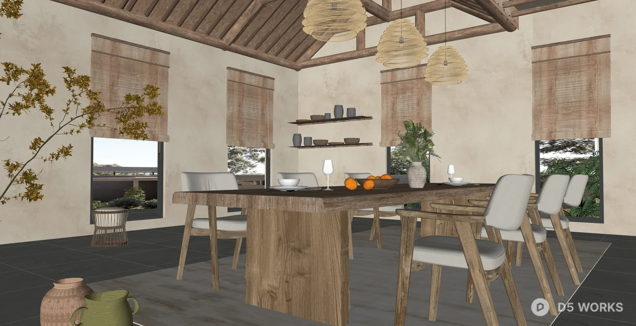 Rustic Wabi-Sabi Dining Room Interior Scene 3d model thumbnail 2
