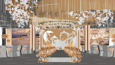 Wedding Banquet Hall With Floral Arch 3d model