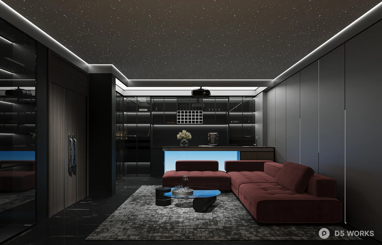 Modern Home Theater With Red Sofa And Ambient Lighting 3d model thumbnail 2