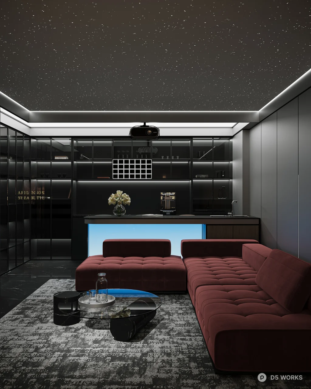 Modern Home Theater With Red Sofa And Ambient Lighting 3d model thumbnail 3
