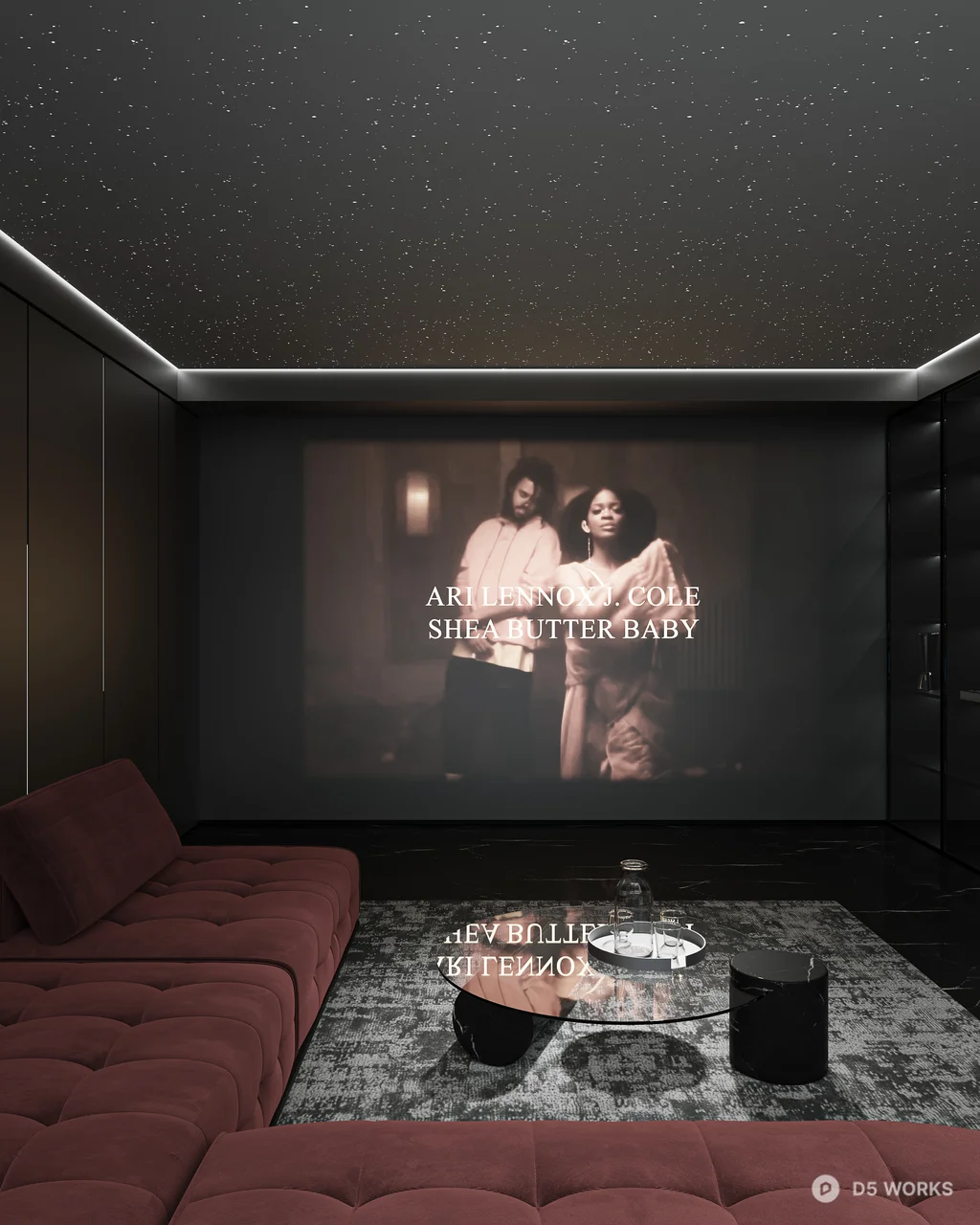 Modern Home Theater With Red Sofa And Ambient Lighting 3d model thumbnail 6