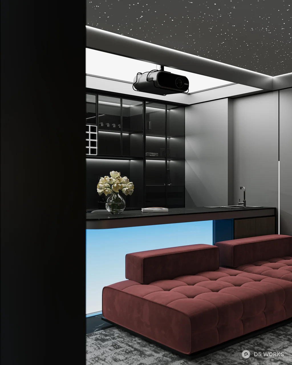 Modern Home Theater With Red Sofa And Ambient Lighting 3d model thumbnail 5