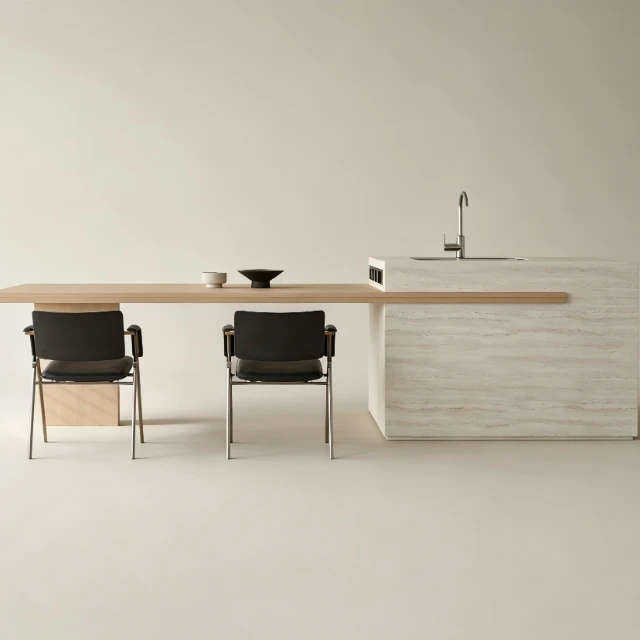 Minimalist Travertine Kitchen Island with Wood Dining Extens 3d model