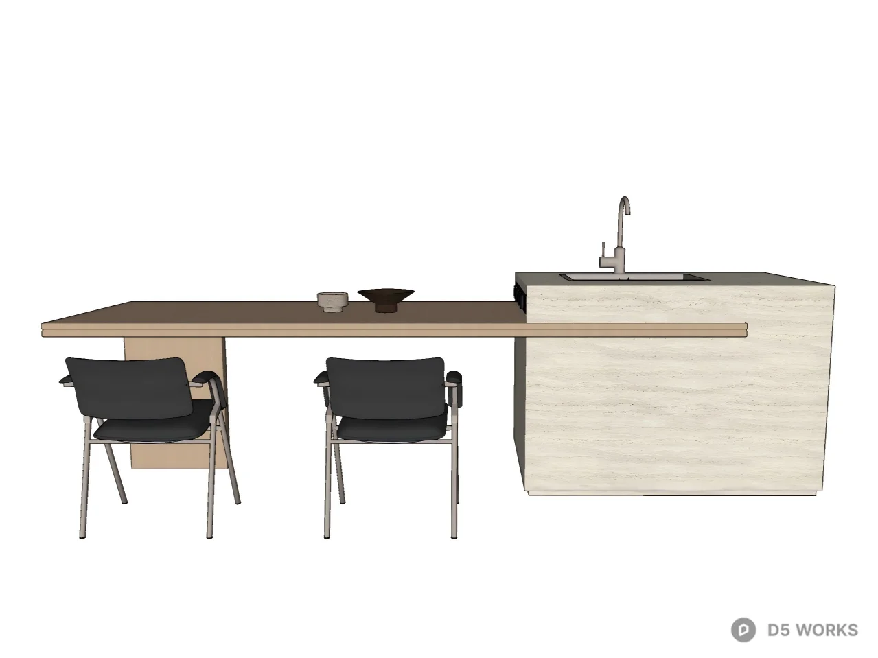 Minimalist Travertine Kitchen Island with Wood Dining Extens 3d model thumbnail 2