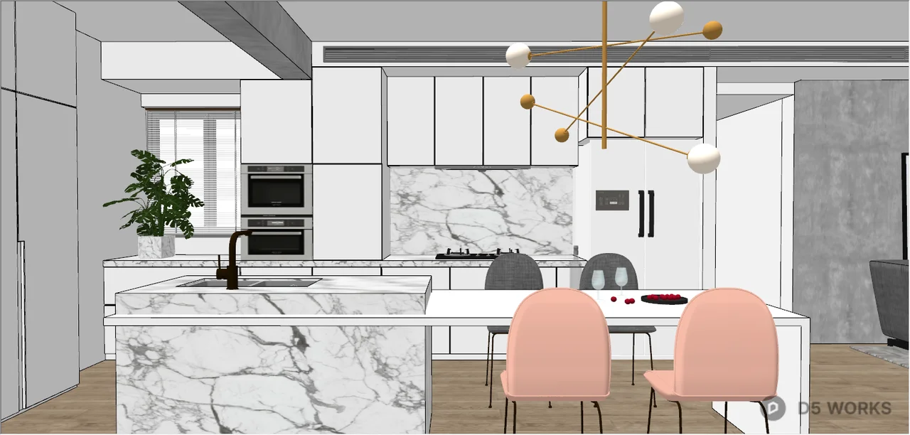 Free Modern Open Kitchen with Marble Island 3D Model .skp