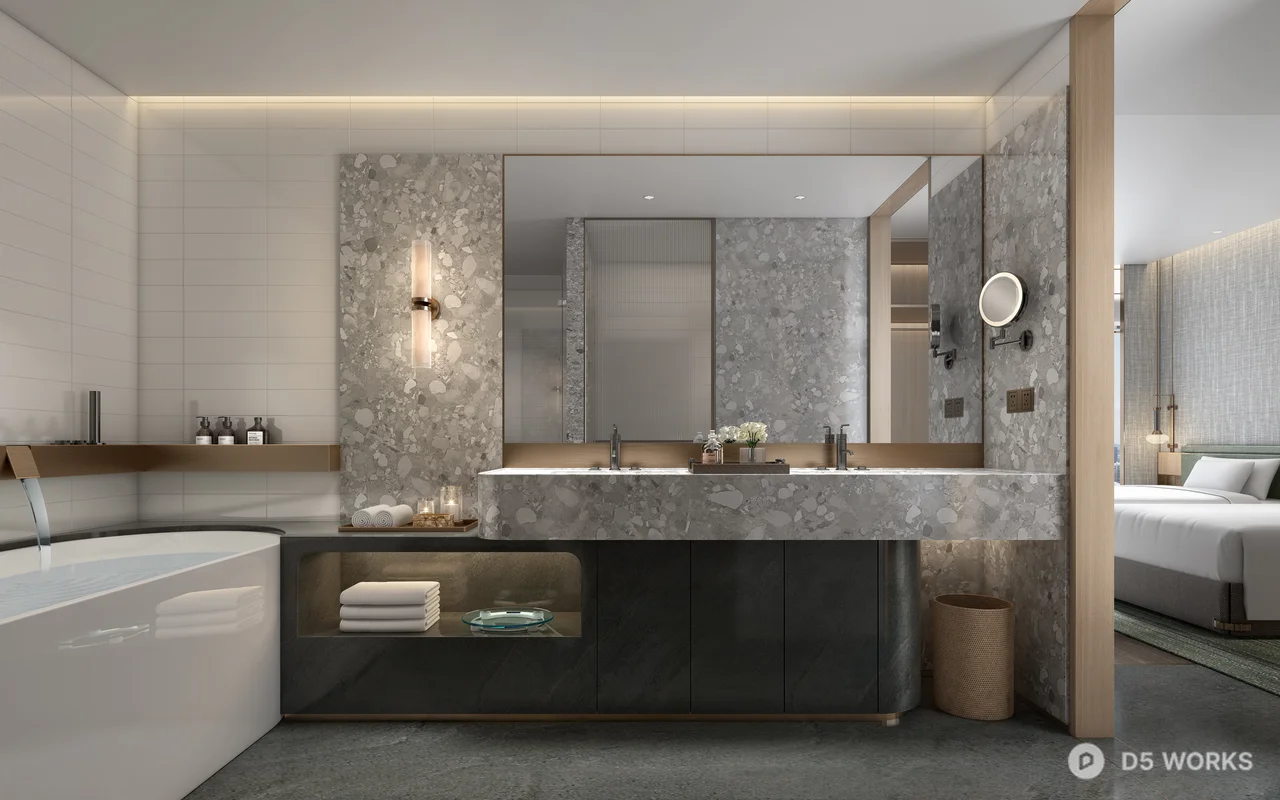 Modern Hotel Bathroom with Marble Vanity 3d model - Image 1