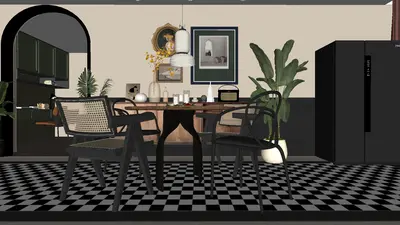 Modern Dining Room with Checkered Floor 3d model