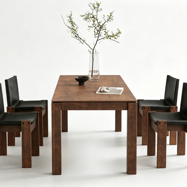 Rustic walnut dining table and chairs with leather hanging chair 3d model