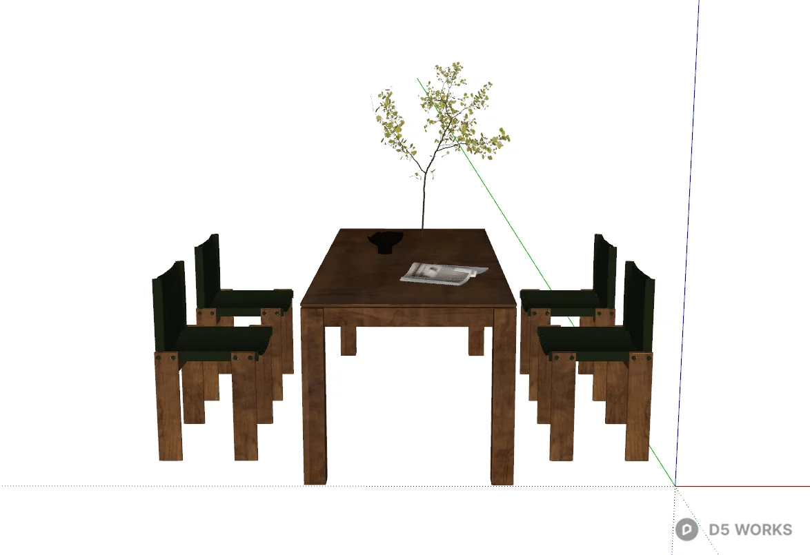 Rustic walnut dining table and chairs with leather hanging chair 3d model thumbnail 2