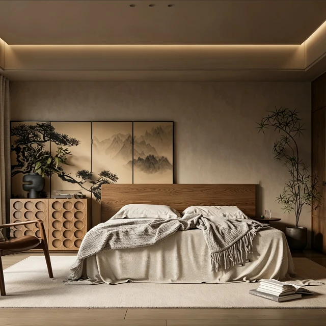 Modern Zen Wabi-Sabi Bedroom Interior Scene 3d model